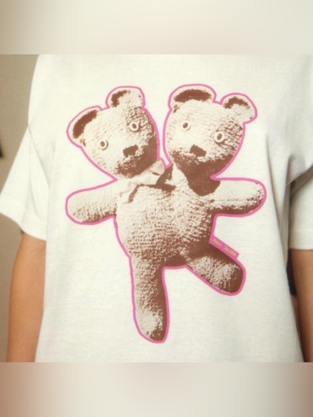 Marc Jacobs White Tee with Two-Head Teddy Graphic and Pink Outline